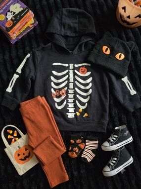 Carter's Black Skeleton Hoodie Set with Orange Accents